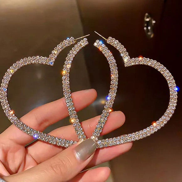 Heart hoop earrings rhinestone shiny sparkle y2k silver dangle glitter sexy - Picture 2 of 4